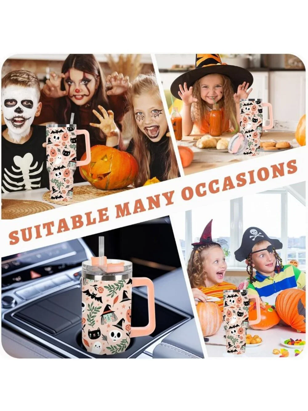 40oz Halloween Tumbler with Handle, Straw & Lid - Spooky Skull Ghost Pumpkin